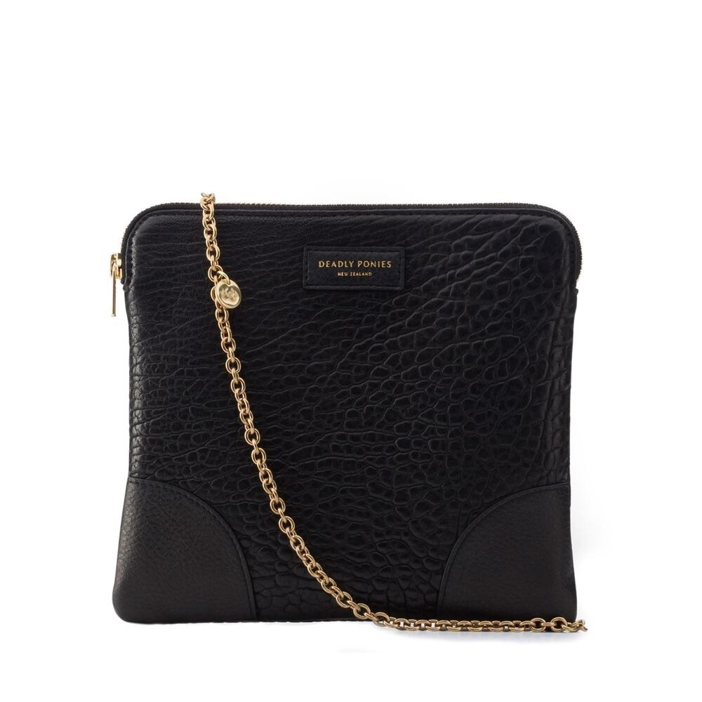 Deadly Ponies “Mr Molten” Clutch – Black Bulle Leather | Detachable Brass Chain‎